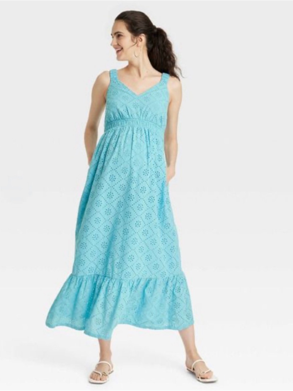 Isabel Maternity Sleeveless Women’s Eyelet Maxi Maternity Dress Blue Size XL